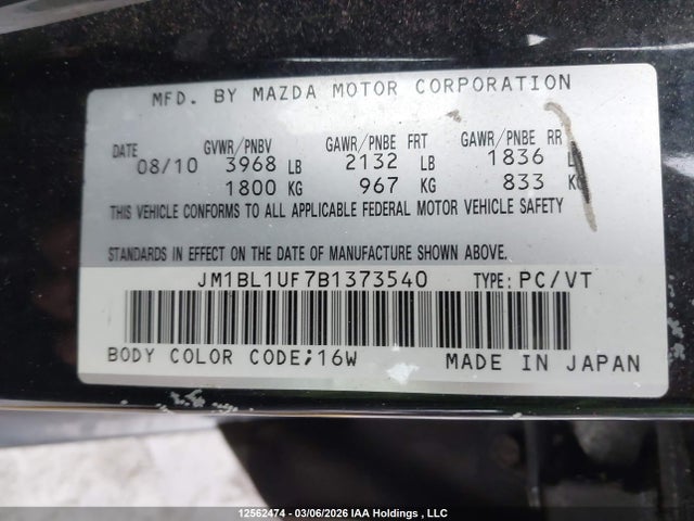 Aukcja sprzedaży 2011 Mazda Mx-3, vin: JM1BL1UF7B1373540, numer aukcji: 12562474