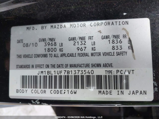 Aukcja sprzedaży 2011 Mazda Mx-3, vin: JM1BL1UF7B1373540, numer aukcji: 12562474