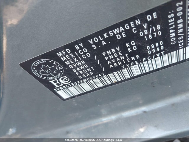 3VWG57BUXKM089047 Volkswagen Jetta 1.4 Tsi Execline