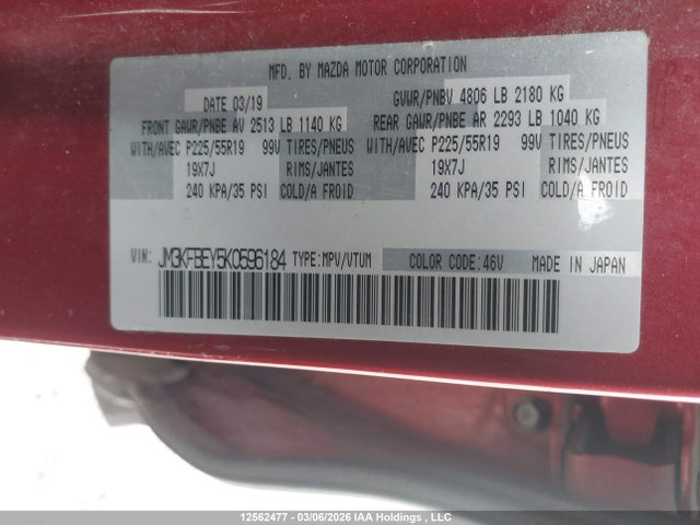 Продажа на аукционе авто 2019 Mazda Cx-5 Signature, vin: JM3KFBEY5K0596184, номер лота: 12562477