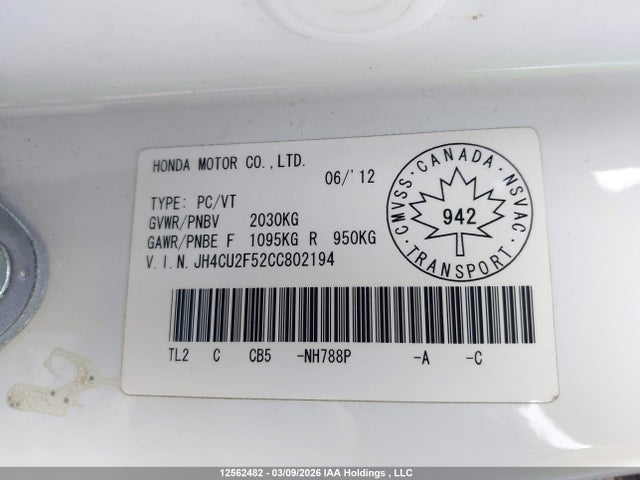 Продаж на аукціоні авто 2012 Acura Tsx, vin: JH4CU2F52CC802194, номер лоту: 12562482