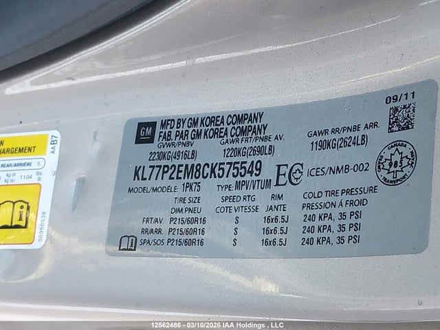 Aukcja sprzedaży 2012 Chevrolet Orlando Lt, vin: KL77P2EM8CK575549, numer aukcji: 12562486