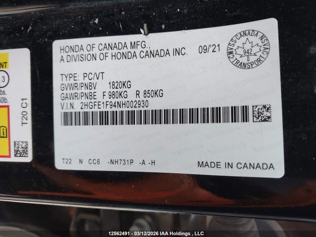 2022 Honda Civic Touring მანქანა იყიდება აუქციონზე, vin: 2HGFE1F94NH002930, აუქციონის ნომერი: 12562491