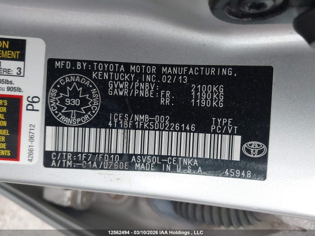 Aukcja sprzedaży 2013 Toyota Camry, vin: 4T1BF1FK5DU226146, numer aukcji: 12562494