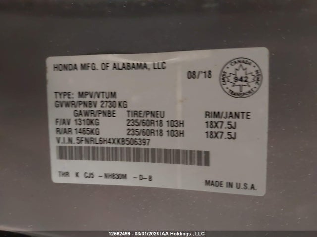 5FNRL6H4XKB506397 Honda ODYSSEY EX