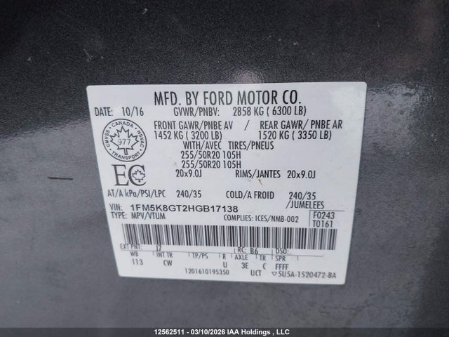 1FM5K8GT2HGB17138 Ford EXPLORER SPORT