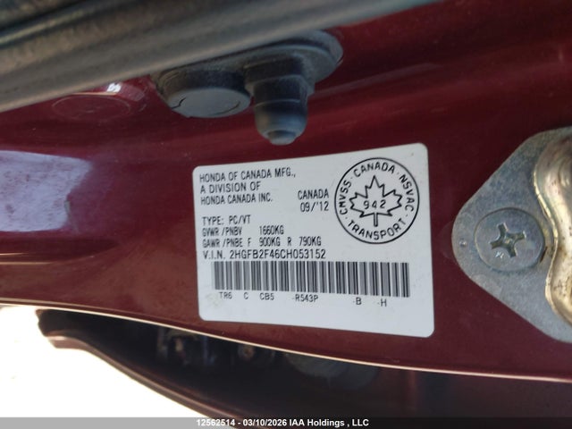 Продаж на аукціоні авто 2012 Honda Civic Lx, vin: 2HGFB2F46CH053152, номер лоту: 12562514