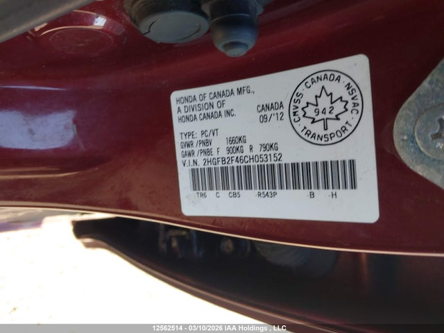 Продаж на аукціоні авто 2012 Honda Civic Lx, vin: 2HGFB2F46CH053152, номер лоту: 12562514