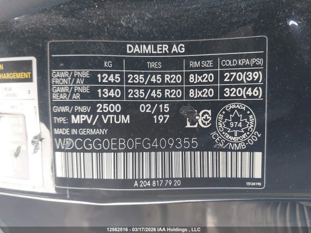 12562516 :رقم المزاد ، WDCGG0EB0FG409355 vin ، 2015 Mercedes-benz Glk 250 Bluetec 4matic مزاد بيع