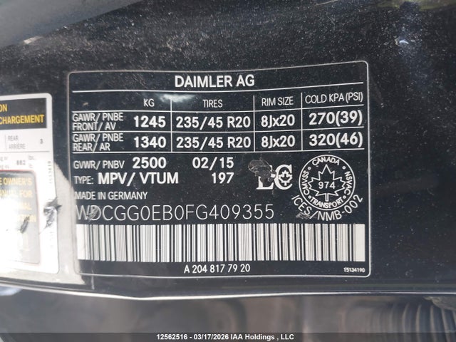 12562516 :رقم المزاد ، WDCGG0EB0FG409355 vin ، 2015 Mercedes-benz Glk 250 Bluetec 4matic مزاد بيع