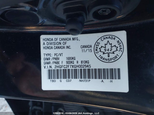 2016 Honda Civic Ex მანქანა იყიდება აუქციონზე, vin: 2HGFC2F7XGH002945, აუქციონის ნომერი: 12562518
