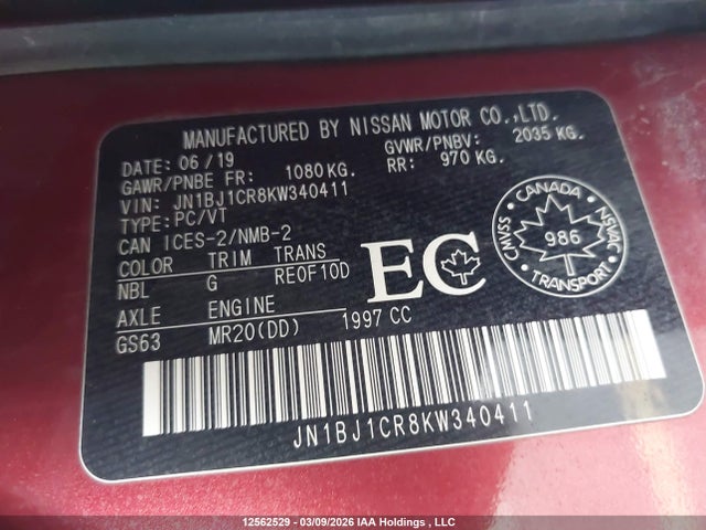 Auction sale of the 2019 Nissan Qashqai, vin: JN1BJ1CR8KW340411, lot number: 12562529