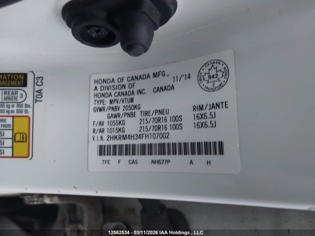 Продаж на аукціоні авто 2015 Honda Cr-v Lx, vin: 2HKRM4H34FH107002, номер лоту: 12562534