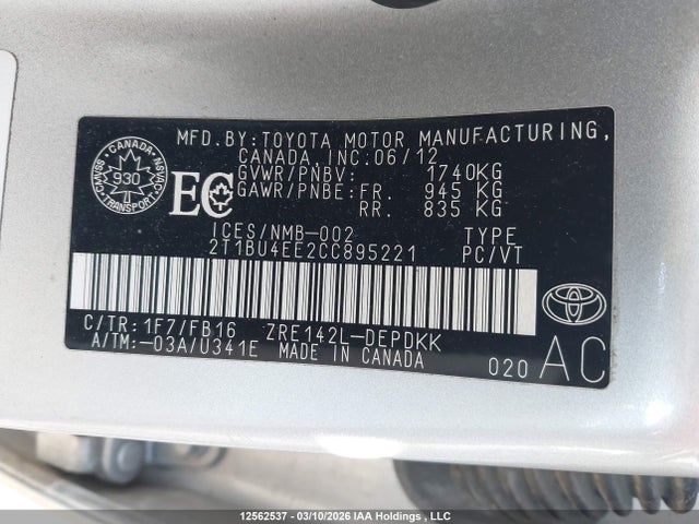 Auction sale of the 2012 Toyota Corolla, vin: 2T1BU4EE2CC895221, lot number: 12562537