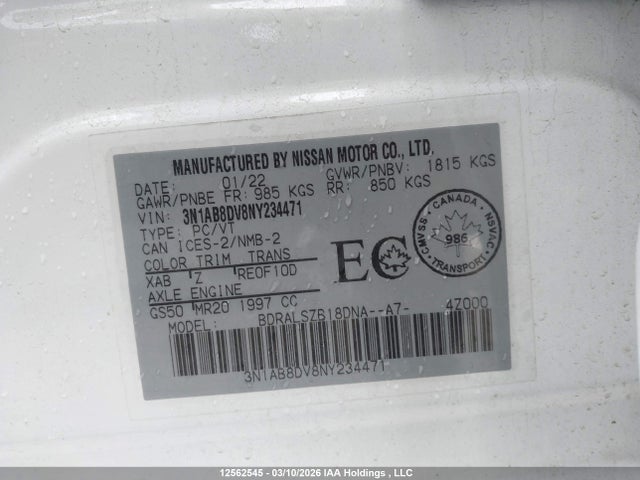 2022 Nissan Sentra მანქანა იყიდება აუქციონზე, vin: 3N1AB8DV8NY234471, აუქციონის ნომერი: 12562545