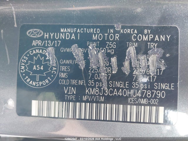 Продажа на аукционе авто 2017 Hyundai Tucson Limited/sport And Eco/se, vin: KM8J3CA40HU478790, номер лота: 12562547
