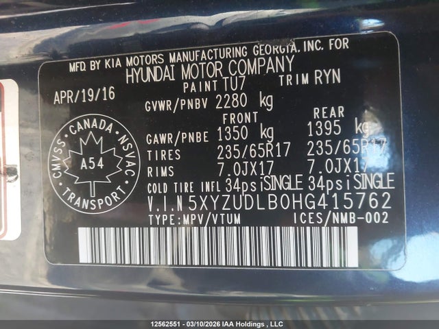 5XYZUDLB0HG415762 Hyundai Santa Fe