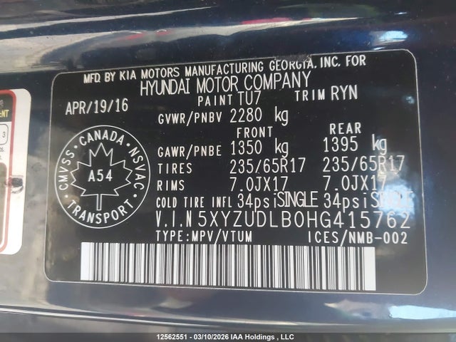 5XYZUDLB0HG415762 Hyundai Santa Fe