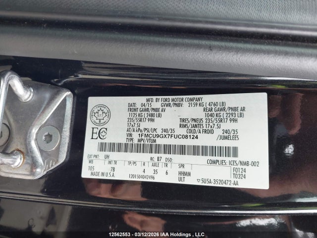 12562553 :رقم المزاد ، 1FMCU9GX7FUC08124 vin ، 2015 Ford Escape Se مزاد بيع