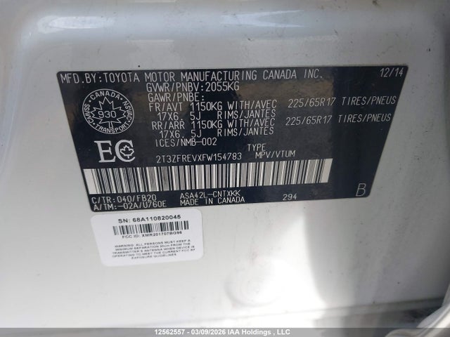 2015 Toyota Rav4 მანქანა იყიდება აუქციონზე, vin: 2T3ZFREVXFW154783, აუქციონის ნომერი: 12562557