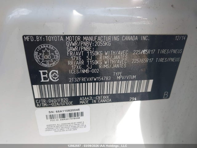 2015 Toyota Rav4 მანქანა იყიდება აუქციონზე, vin: 2T3ZFREVXFW154783, აუქციონის ნომერი: 12562557