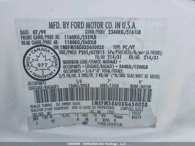 1999 Mercury Sable Ls მანქანა იყიდება აუქციონზე, vin: 1MEFM58U0XG650028, აუქციონის ნომერი: 12562559
