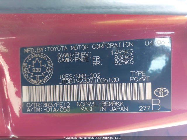 2007 Toyota Yaris მანქანა იყიდება აუქციონზე, vin: JTDBT923071026100, აუქციონის ნომერი: 12562565