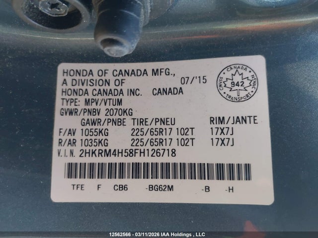 2015 Honda Cr-v Ex მანქანა იყიდება აუქციონზე, vin: 2HKRM4H58FH126718, აუქციონის ნომერი: 12562566