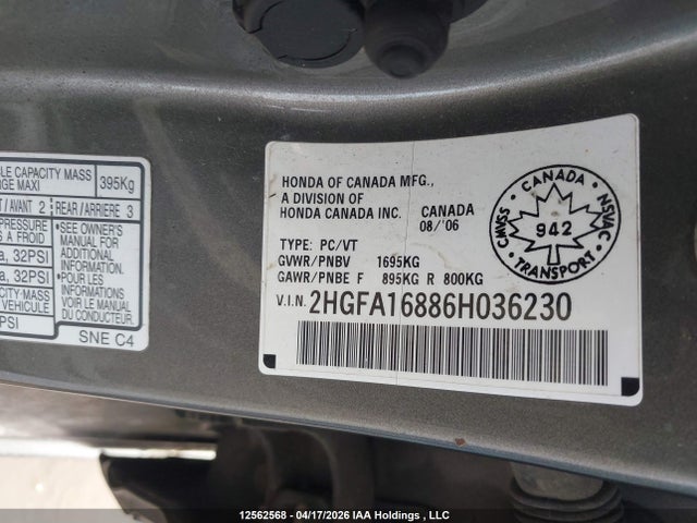 Aukcja sprzedaży 2006 Honda Civic Ex, vin: 2HGFA16886H036230, numer aukcji: 12562568