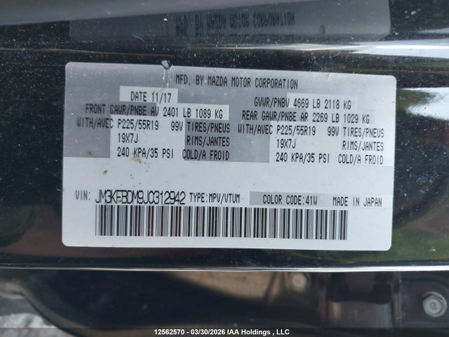 12562570 :رقم المزاد ، JM3KFBDM9J0312942 vin ، 2018 Mazda Cx -5 Gt 4dr Awd مزاد بيع