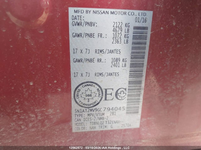 5N1AT2MV9GC794045 Nissan Rogue S/sl Premium/sv