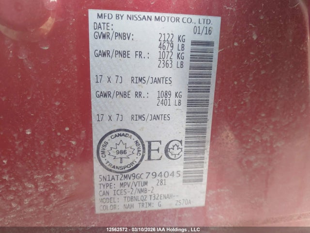 5N1AT2MV9GC794045 Nissan Rogue S/sl Premium/sv