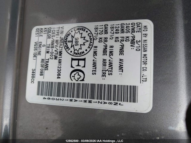 Aukcja sprzedaży 2010 Nissan Murano S/sl/le, vin: JN8AZ1MW1AW123064, numer aukcji: 12562580