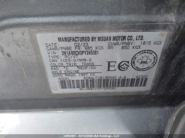 Продажа на аукционе авто 2023 Nissan Sentra, vin: 3N1AB8CV0PY245081, номер лота: 12562581