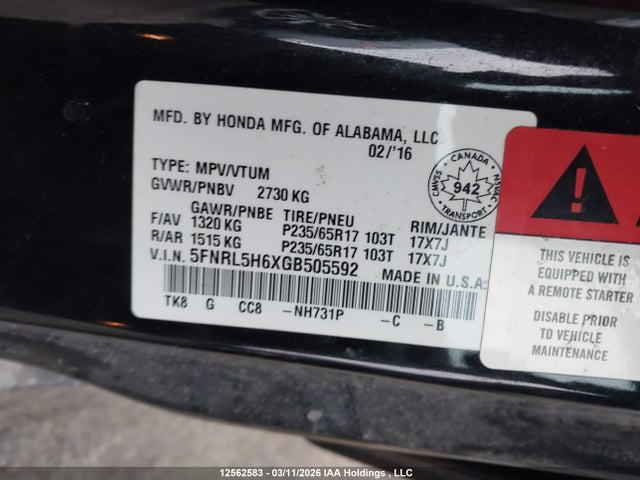 5FNRL5H6XGB505592 Honda Odyssey Ex-l