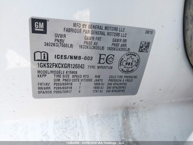 Aukcja sprzedaży 2016 Gmc Yukon Xl Sle, vin: 1GKS2FKCXGR126843, numer aukcji: 12562598