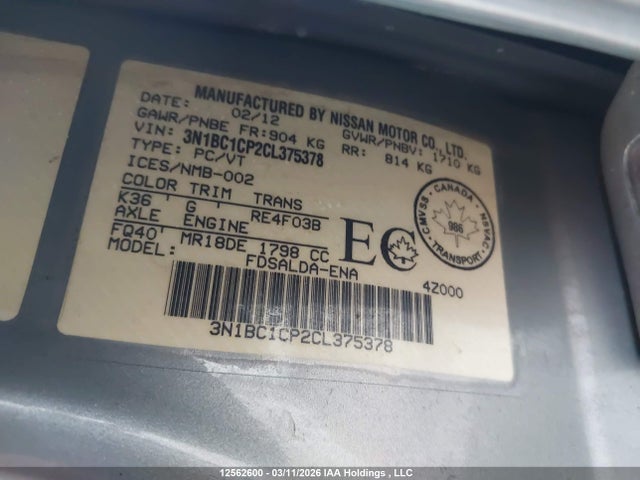 12562600 :رقم المزاد ، 3N1BC1CP2CL375378 vin ، 2012 Nissan Versa 1.8 S مزاد بيع