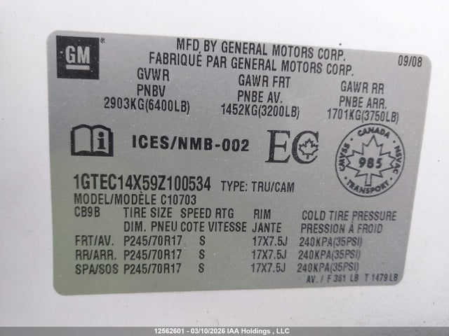 Aukcja sprzedaży 2009 Gmc Sierra C1500, vin: 1GTEC14X59Z100534, numer aukcji: 12562601