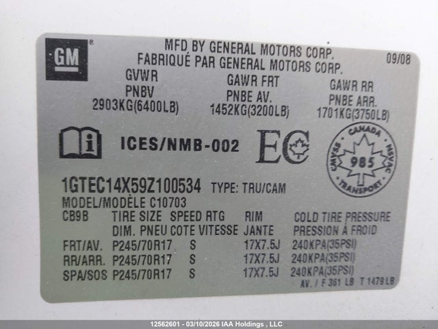 Aukcja sprzedaży 2009 Gmc Sierra C1500, vin: 1GTEC14X59Z100534, numer aukcji: 12562601