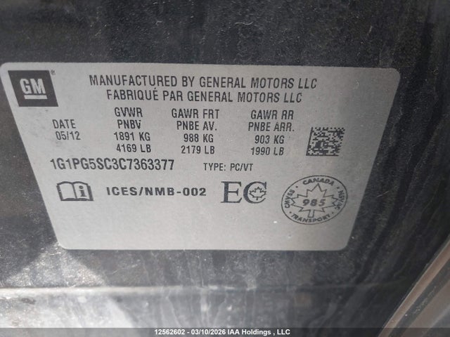 Продажа на аукционе авто 2012 Chevrolet Cruze, vin: 1G1PG5SC3C7363377, номер лота: 12562602
