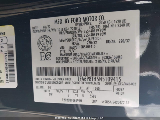 Продаж на аукціоні авто 2022 Ford Mustang, vin: 1FA6P8TH5N5109415, номер лоту: 12562605