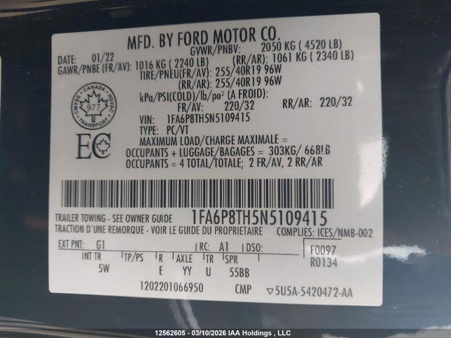 Продаж на аукціоні авто 2022 Ford Mustang, vin: 1FA6P8TH5N5109415, номер лоту: 12562605