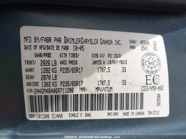 12562616 :رقم المزاد ، 2A4GM48406R711286 vin ، 2006 Chrysler Pacifica مزاد بيع