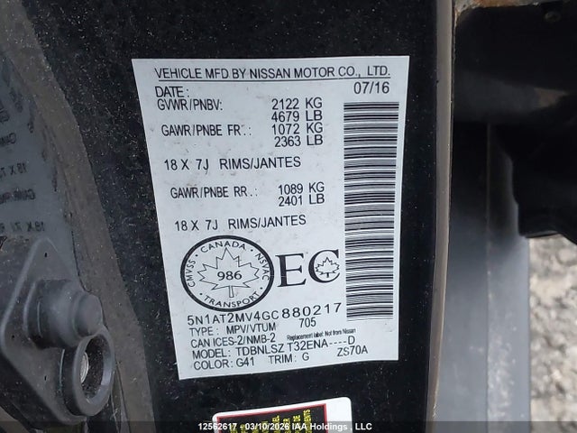 5N1AT2MV4GC880217 Nissan Rogue S/sl Premium/sv