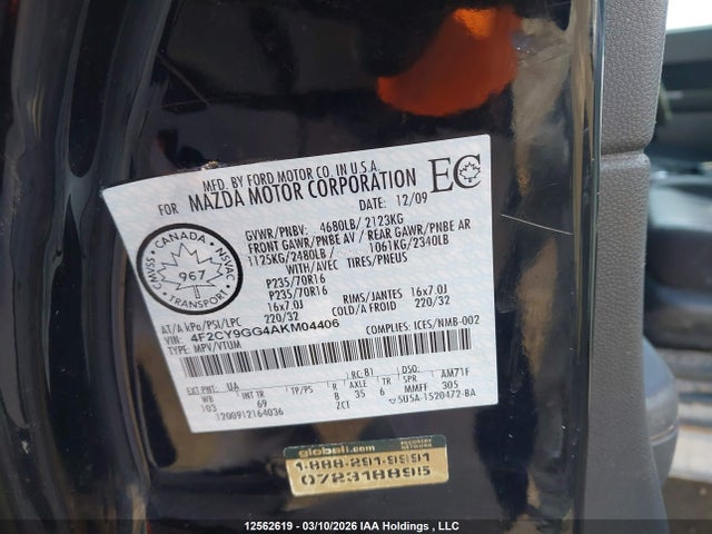 2010 Mazda Tribute S მანქანა იყიდება აუქციონზე, vin: 4F2CY9GG4AKM04406, აუქციონის ნომერი: 12562619