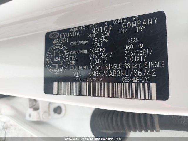 Aukcja sprzedaży 2022 Hyundai Kona, vin: KM8K2CAB3NU766742, numer aukcji: 12562624