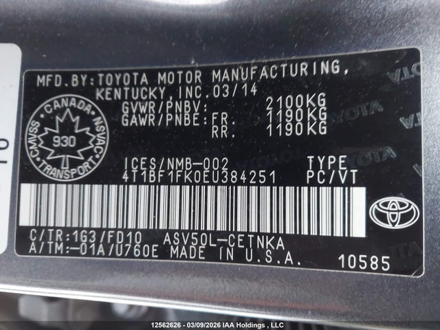 2014 Toyota Camry Le მანქანა იყიდება აუქციონზე, vin: 4T1BF1FK0EU384251, აუქციონის ნომერი: 12562626