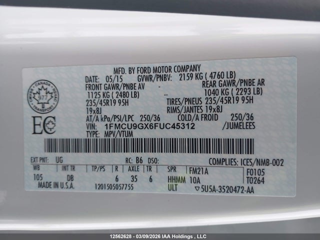 Aukcja sprzedaży 2015 Ford Escape Se, vin: 1FMCU9GX6FUC45312, numer aukcji: 12562628