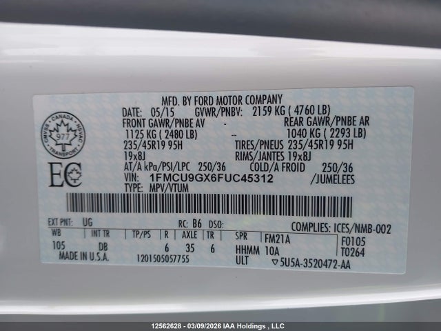 Aukcja sprzedaży 2015 Ford Escape Se, vin: 1FMCU9GX6FUC45312, numer aukcji: 12562628