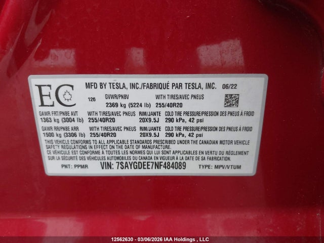 Aukcja sprzedaży 2022 Tesla Model Y Long Range, vin: 7SAYGDEE7NF484089, numer aukcji: 12562630